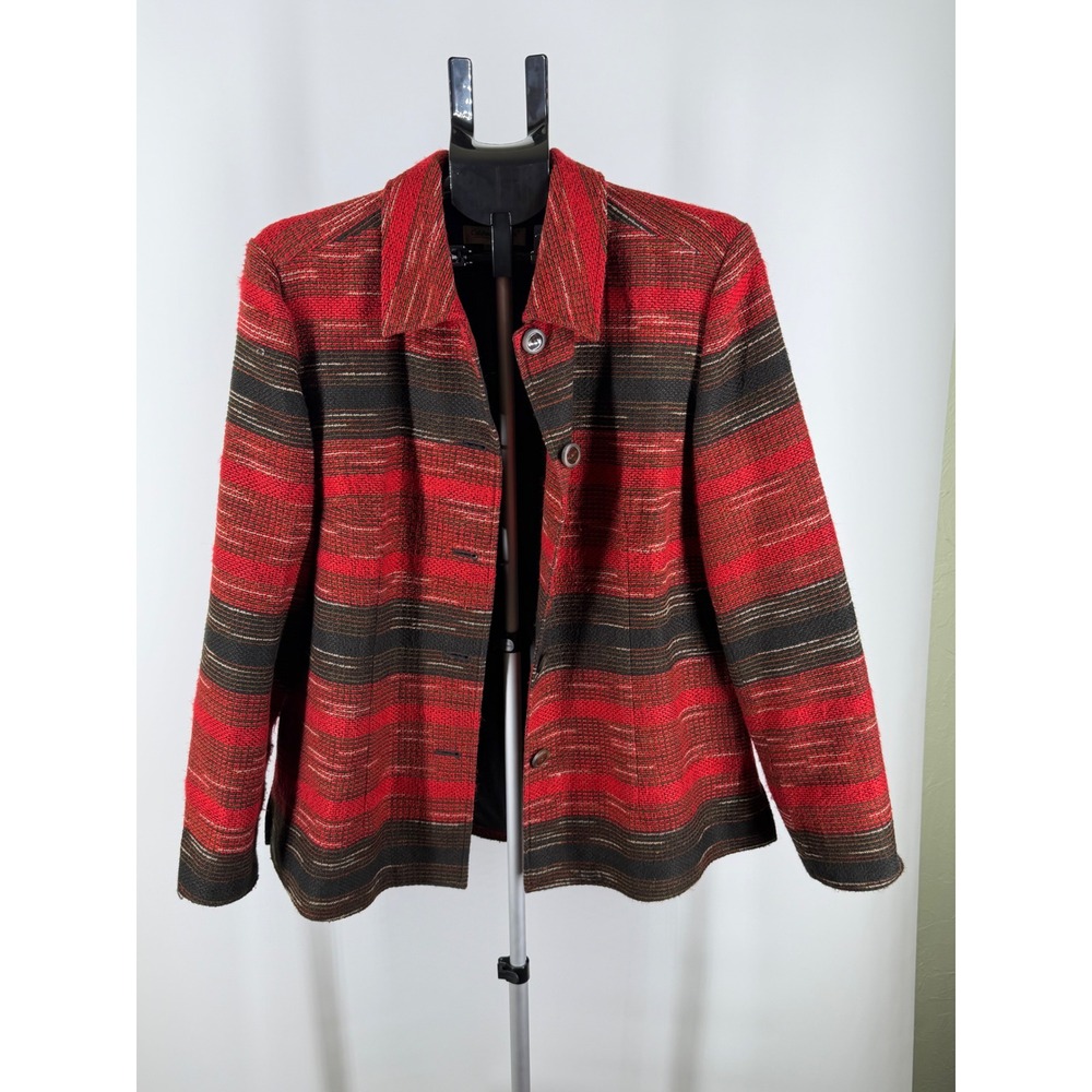 Coldwater Creek Womens Red Black Striped Button Front Lined Jacket Blazer Sz L